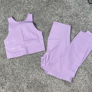 Girlfriend Collective lilac compressive cropped bra top and pocket leggings set